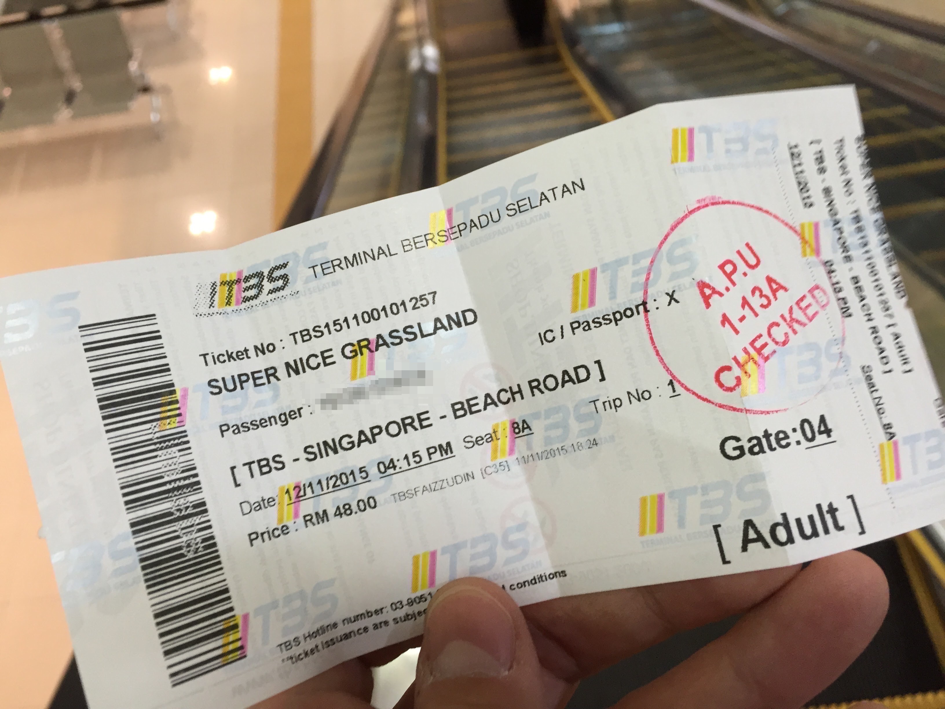 Bus ticket from Kuala Lumpur, Malaysia to Beach Road, Singapore